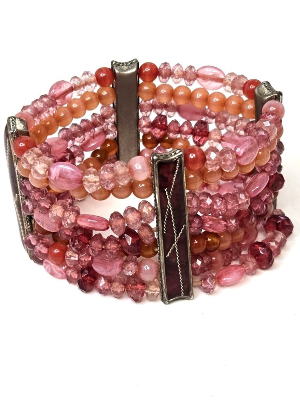 Pink Multi Strand Glass Beaded and Enamel Stretch Statement Bracelet
